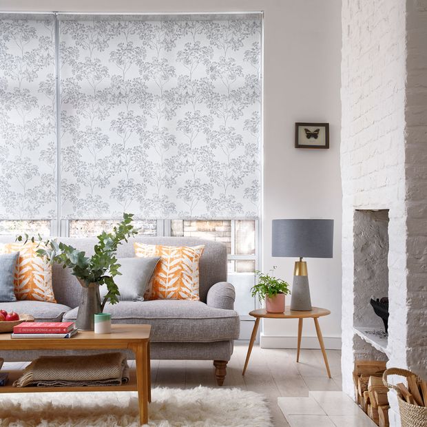 Patterned Elona Silver roller blind hung in living room