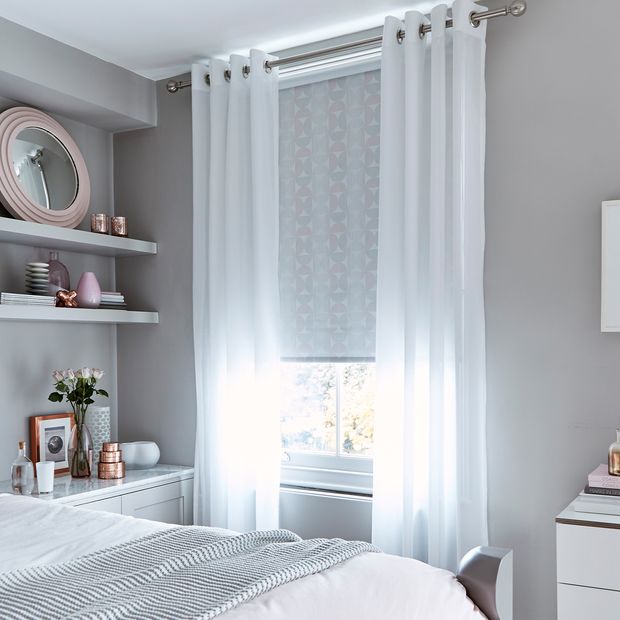 Astro White Voile Curtain and Chrome Curtains in bedroom