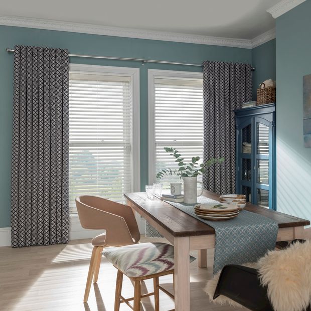 Cosy Dining Room with natural decor and full length Blackout Curtains to block sunlight
