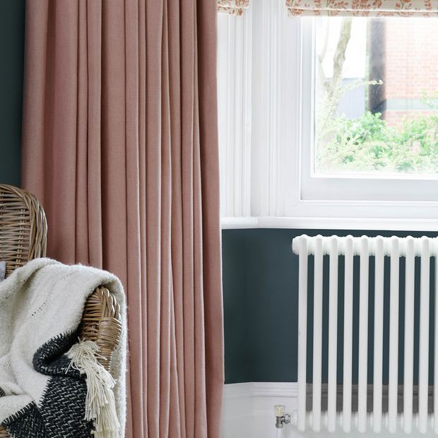 Close up detail of Bailey Taffy curtains in bedroom bay window
