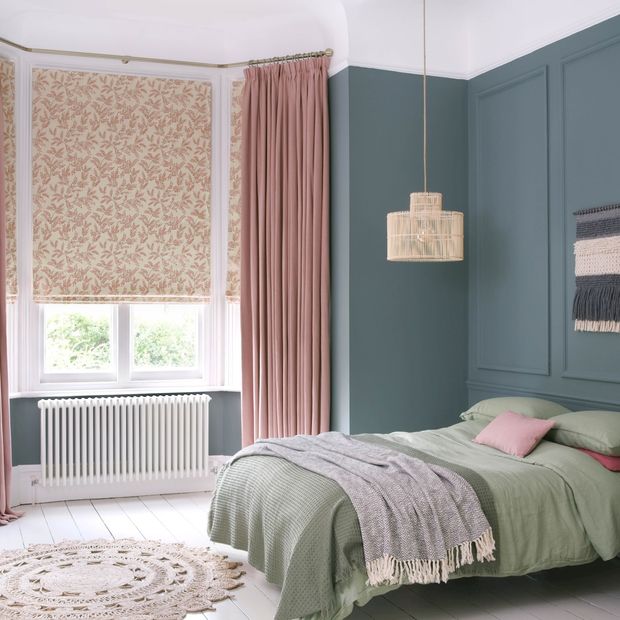 Bailey Taffy curtains and Seraphina Glacier Romans in bedroom
