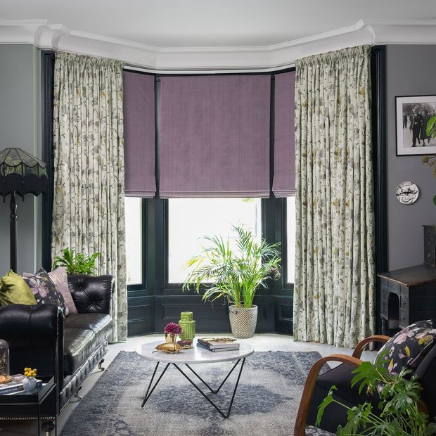 Forenza Sterling curtains Clarence Mauve Romans in living room