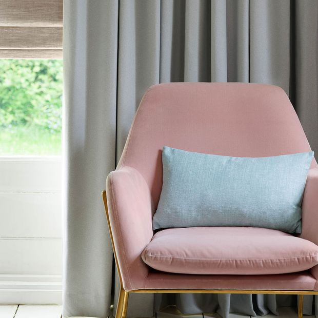 Close up of Huxley Dove Grey curtains Haddie Chalk Pink romans in living room