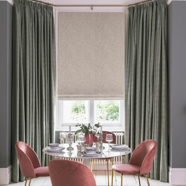 muse pearl floor length curtains with daze dilver roman blind in living room