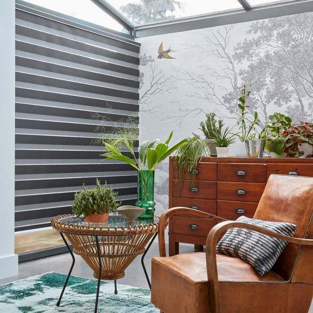 Day & Night blinds in Nightfall Slate Grey in garden room
