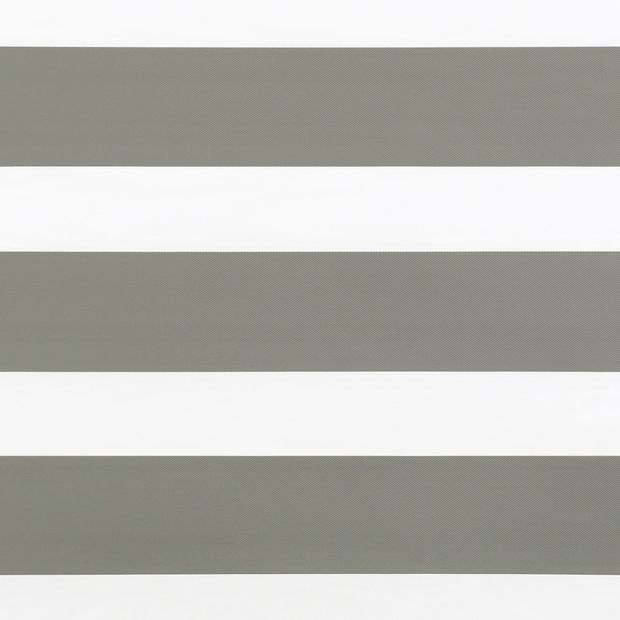 Repeating stripes of grey and white which are horizontal for the dusk dimout taupe swatch
