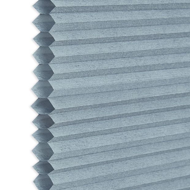 Side view showing honeycomb in grey swatch for pleated blinds
