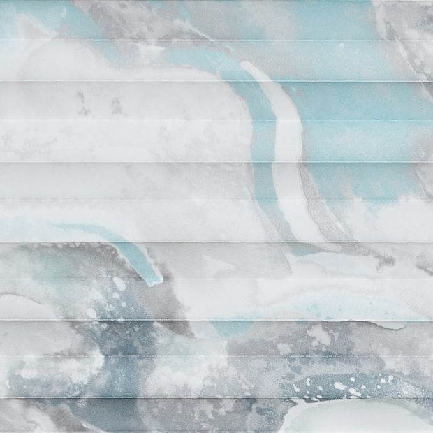 Grey and blue swatch for pleated blinds featuring see view print