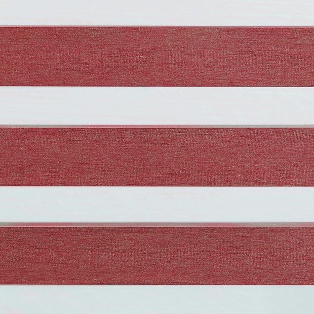 Red coloured day and night blind swatch fabric in the open position