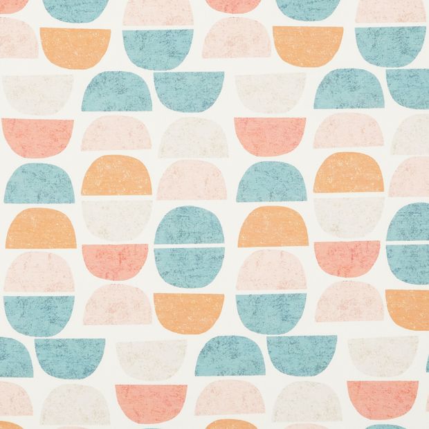 Crescent Allsorts swatch is a white background with orange, blue, pink and cream semi-circles in an uneven pattern