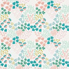 Lorena Bloom swatch is a white background with peachy coloured flowers and petals, with sprigs of leaves in turquoise and green