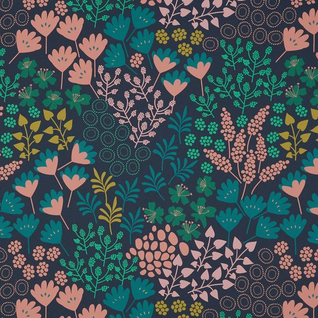Lorena Night Garden swatch is a dark grey-black background with peachy coloured flowers and petals and sprigs of green and turquoise leaves