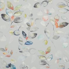 leaf and stem pattern in a watercolour style of black, grey, white, green and blue