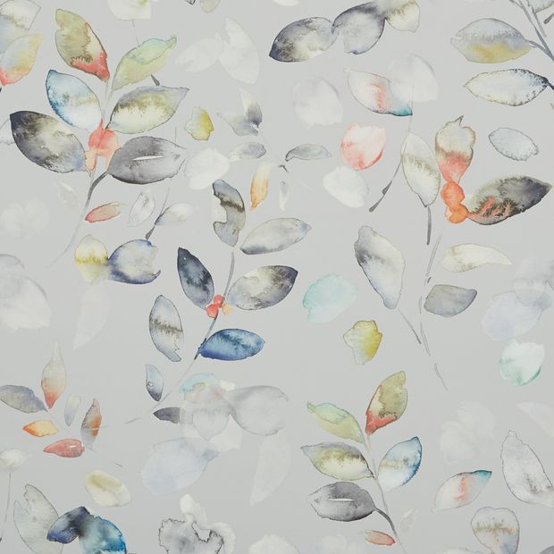 leaf and stem pattern in a watercolour style of black, grey, white, green and blue