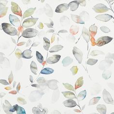 Matilda Oyster swatch is a leaf print in predominantly white and grey with dashes of blue and orange