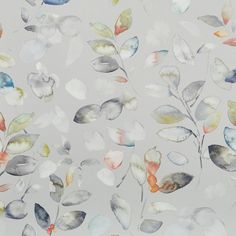 Matilda Dawn swatch is a soft grey background, with a pale green, burnt orange and soft turquoise leaf design in a watercolour effect
