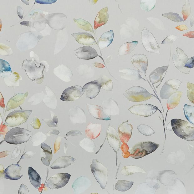 Matilda Dawn swatch is a soft grey background, with a pale green, burnt orange and soft turquoise leaf design in a watercolour effect