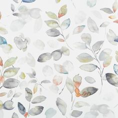 Matilda Oyster swatch is a leaf print in predominantly white and grey with dashes of blue and orange