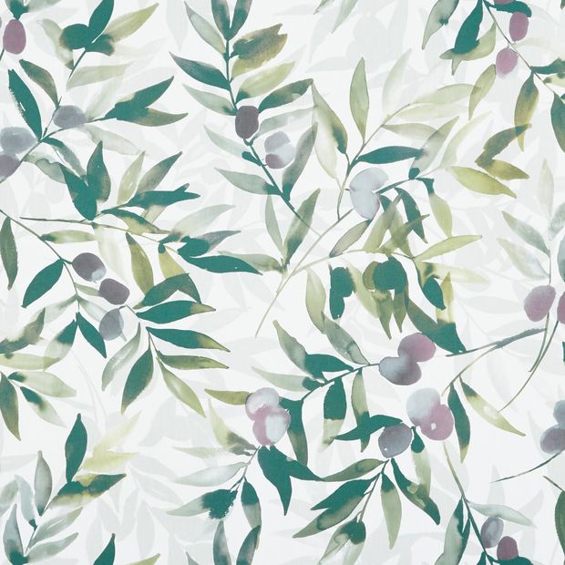 Close up swatch of a blind with a white background and various shades of green leaves with faded mauve coloured berries
