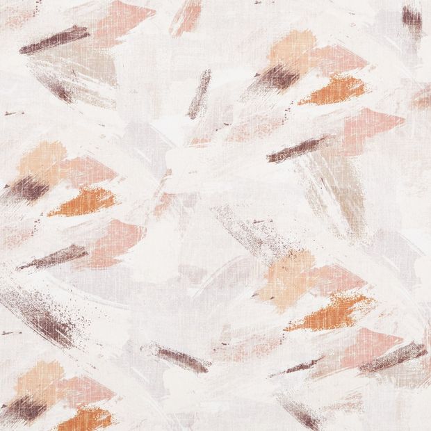 Rivara Plaster swatch is an abstract pattern of off white, pale peach, blush pink, burnt orange and maroon brushstrokes