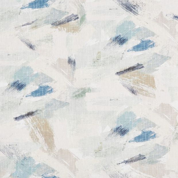 Rivara Lotus swatch is an abstract pattern of off white, biscuit brown, navy, powder blue and royal blue brushstrokes