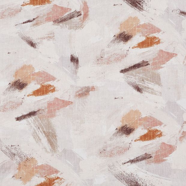 Rivara Plaster swatch is an abstract pattern of off white, pale peach, blush pink, burnt orange and maroon brushstrokes