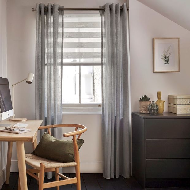 Echo silver voile curtains with Day break day and night blind in home office window