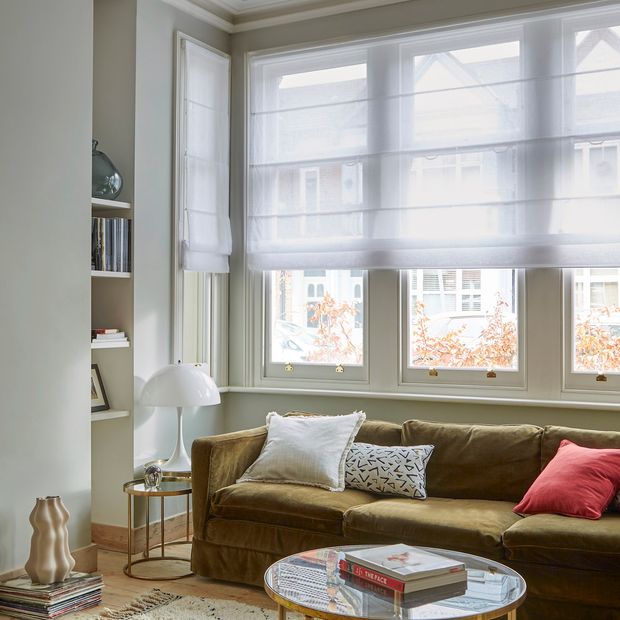 Serenity white roman voiles in victorian box sash bay window