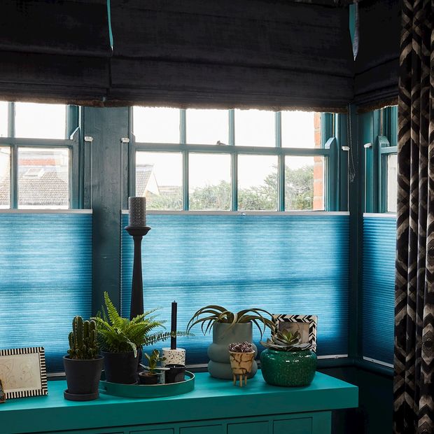 harkness gasoline roman blinds and pleated curtains, cley mole roman blinds and teal turquoise thermashade blinds