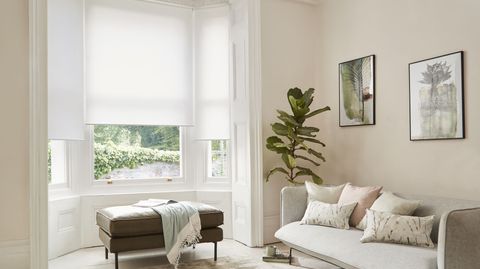Compose Oyster roller blind in a bay window