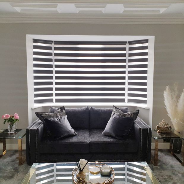 dusk brown grey day and light blinds in living room