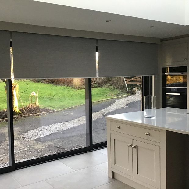 Cordova Ash roller blind in kitchen