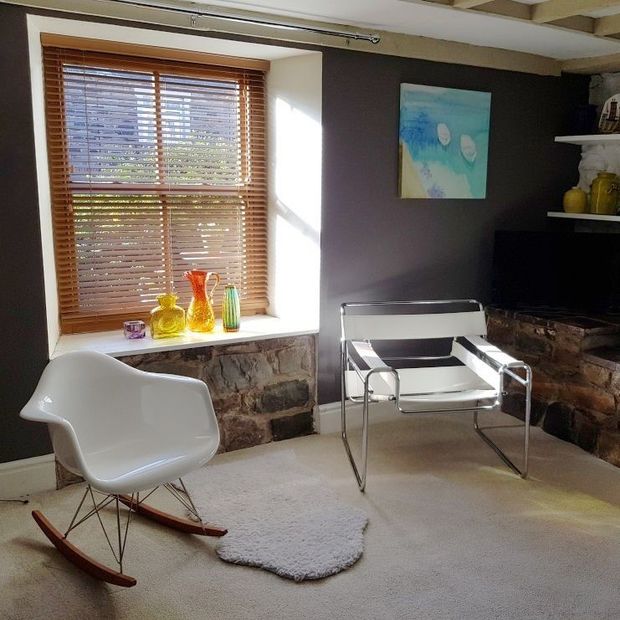 Illusions Oakwood Faux wood venetian blinds in living room