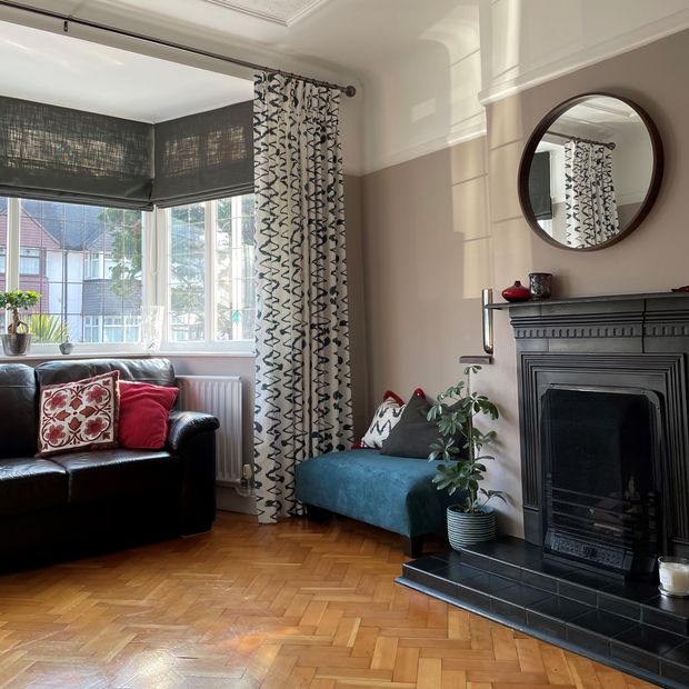 Wolfe smoulder floor length curtains in contemporary living room