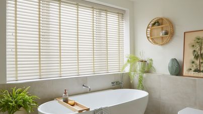 mirage faux wood granite venetian blinds in bathroom