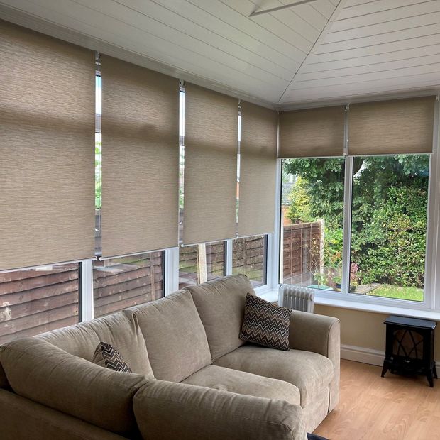 Conscious walnut conservatory roller blinds in