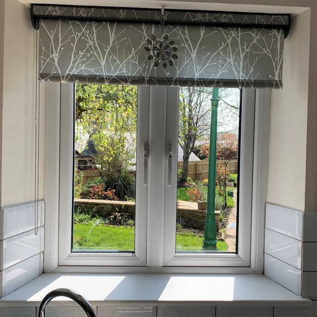 Twigs grey roller blind in kitchen