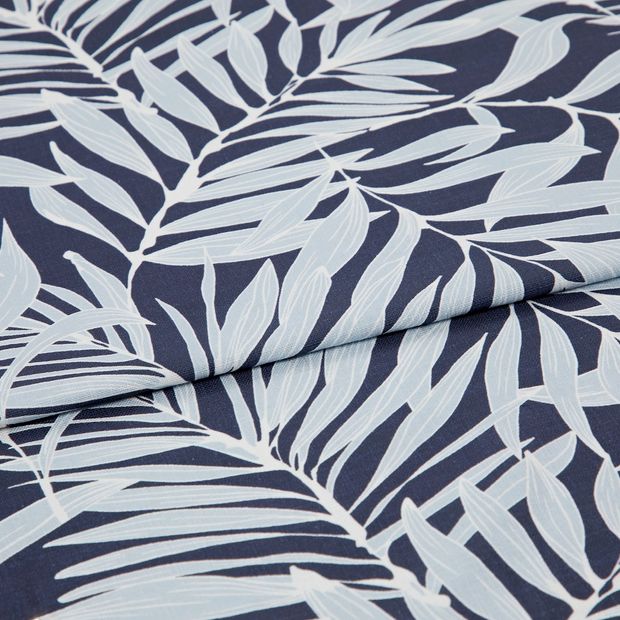 A folded piece of fabric with Laurel Infinity Navy printed on it