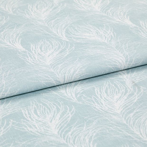 A folded piece of fabric with Quill Mist Blue printed on it