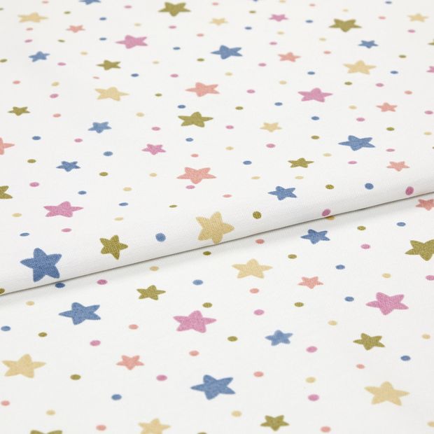 A folded piece of fabric with Space Multi Multicoloured printed on it