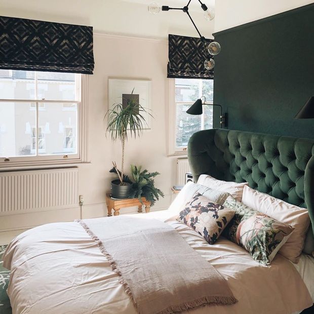 Harkness gasoline roman blinds in glamorous bedroom