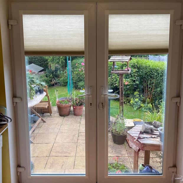 alayna ivory perfect fit pleated blinds fitted to patio door