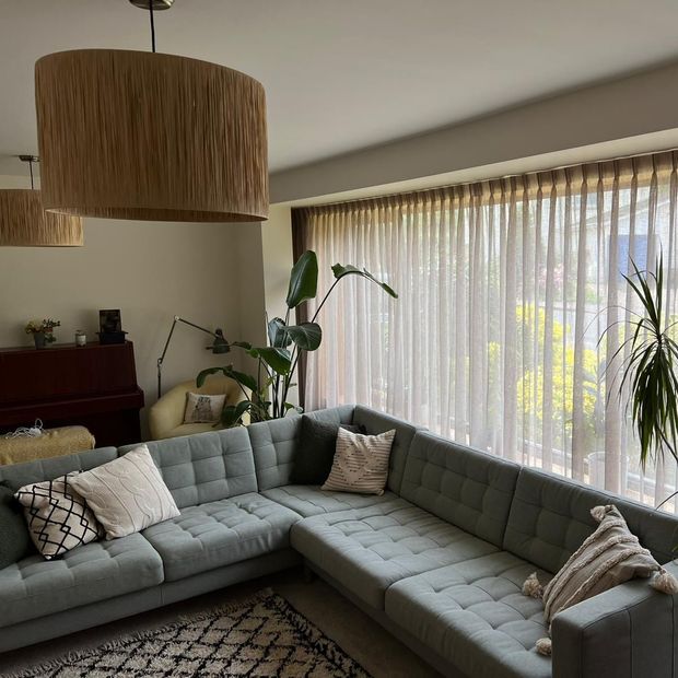Serenity Powder Pink voile curtains in living room