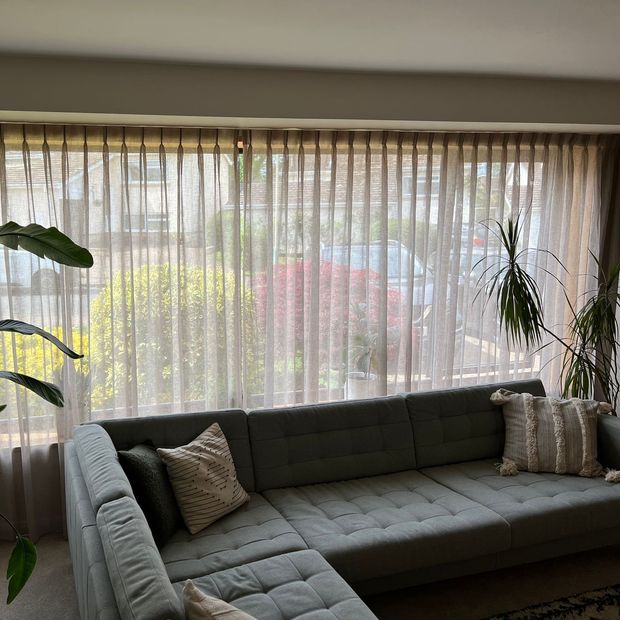 Serenity powder pink voile curtains in living room