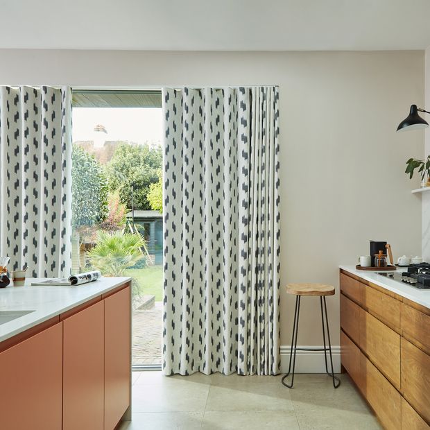 Phatara phantom wave header curtains on floor length kitchen windows