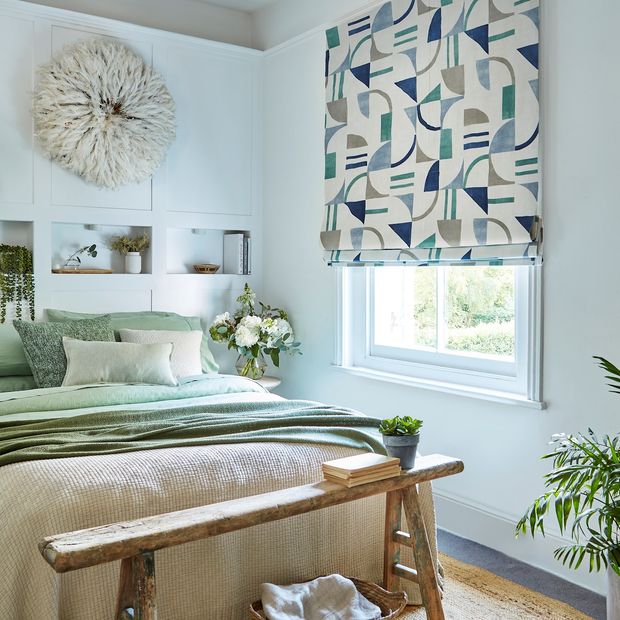Block ocean geometric roman blind in cosy spring/pastel themed bedroom