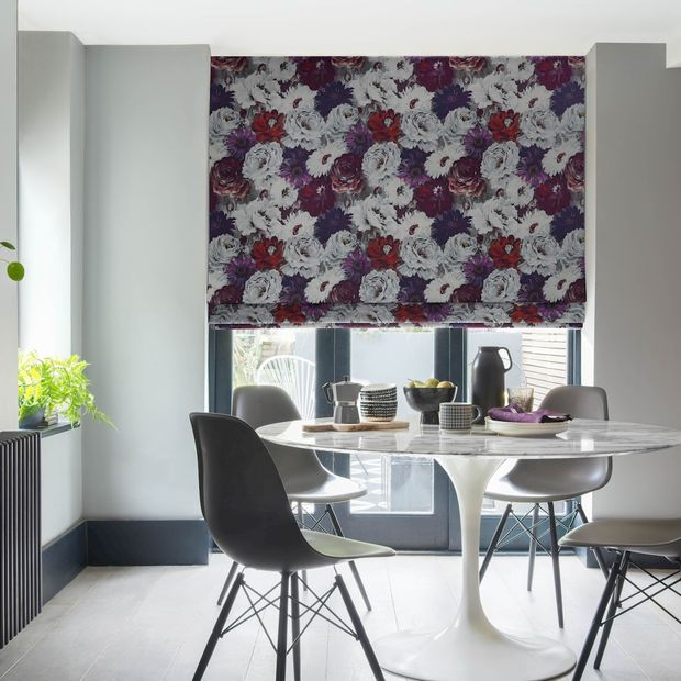 Monroe damson roman blind in contemporary dining room