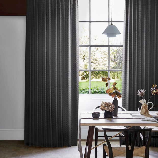 Wave graphite floor length curtains in dining room