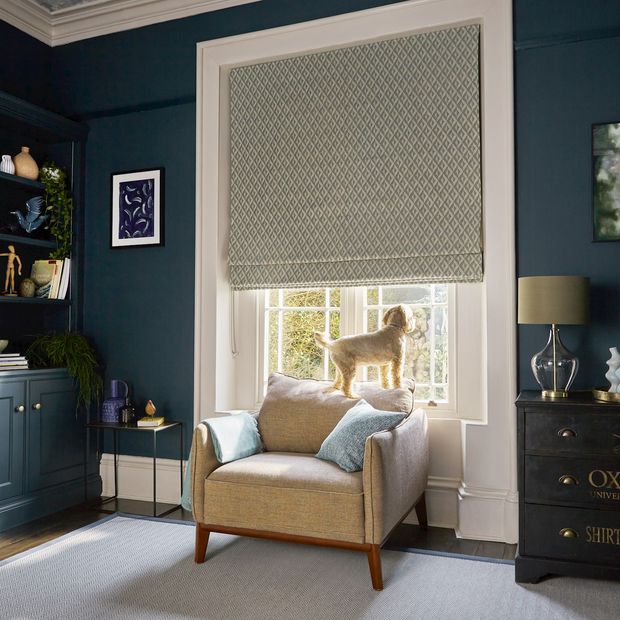Zircon turquoise roman blinds in living room with dog at the window