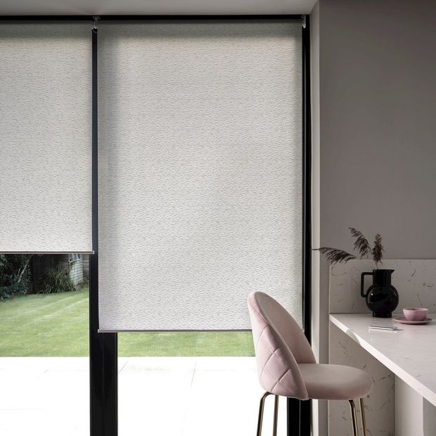 pair of stratford grey roller blinds on patio door in kitchen